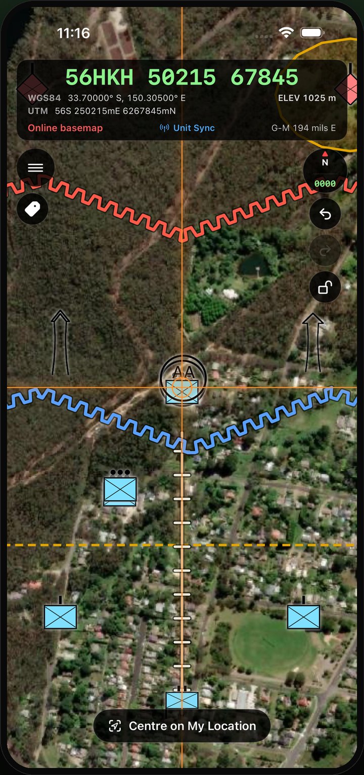 TacMap on an iPhone: NATO APP-6 symbology over a satellite basemap, live MGRS readout showing 56HKH 50215 67845, Unit Sync active.