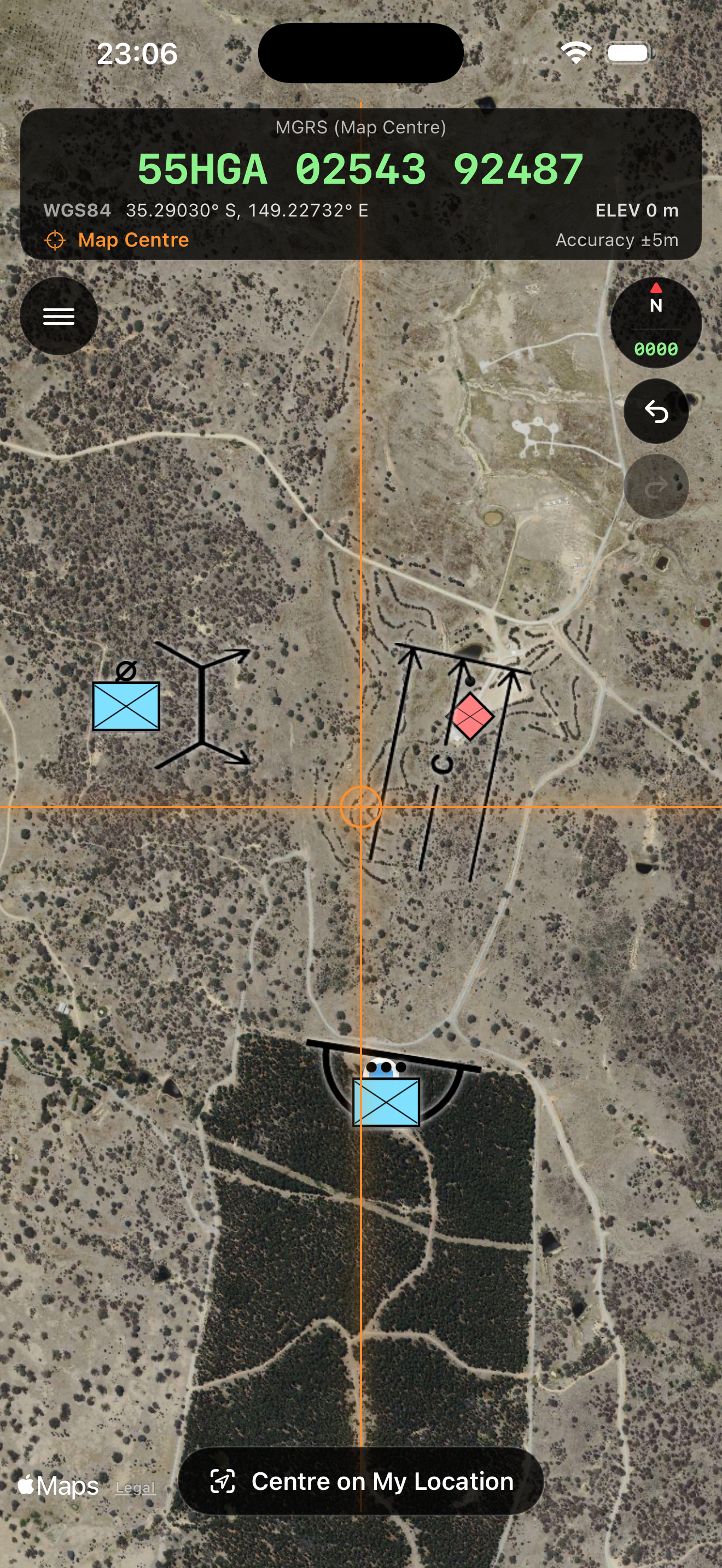 TacticalMaps live navigation HUD with NATO APP-6 symbology over satellite imagery