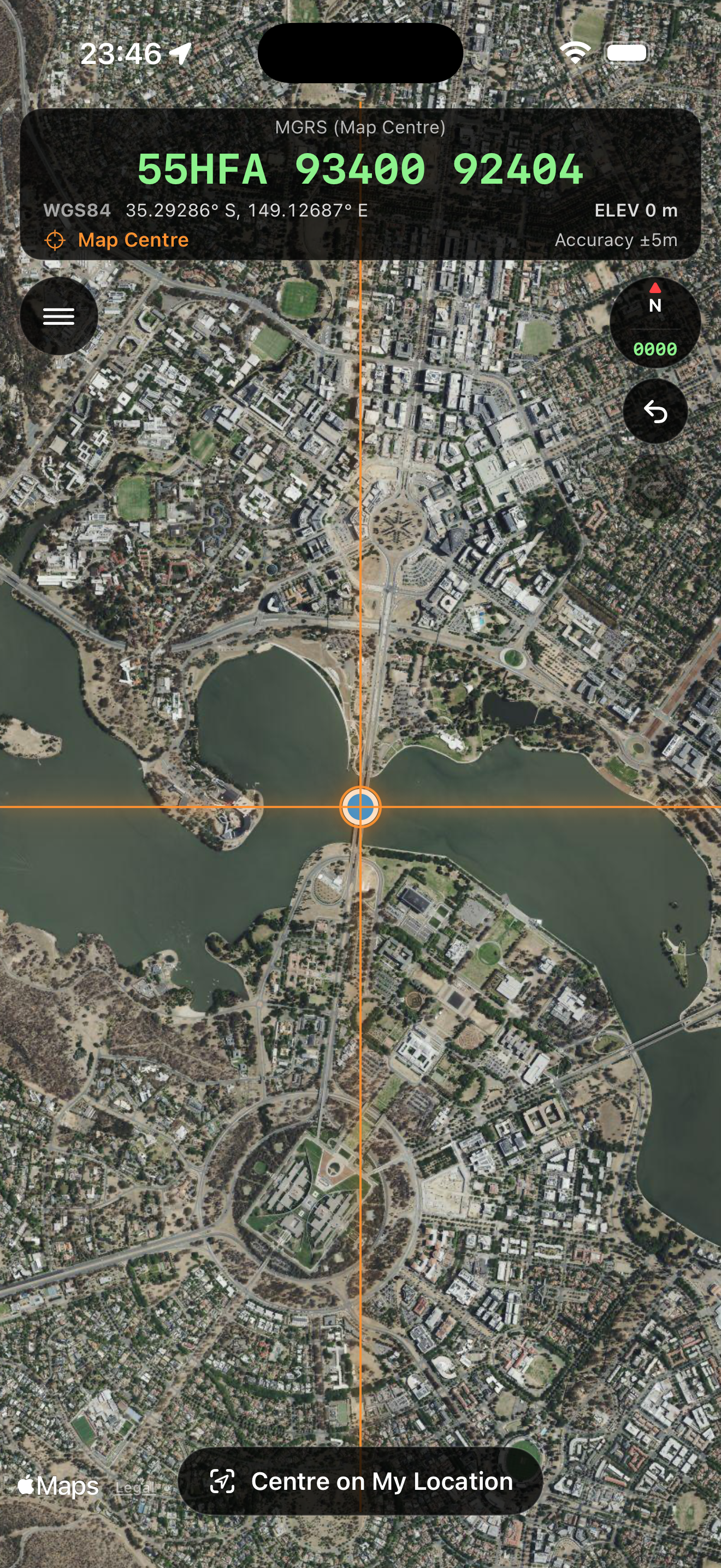 Live navigation HUD over Canberra