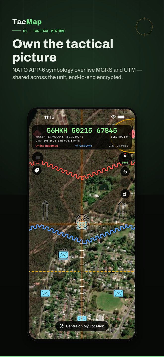 Own the tactical picture. NATO APP-6 symbology over live MGRS and UTM, shared across the unit, end-to-end encrypted.