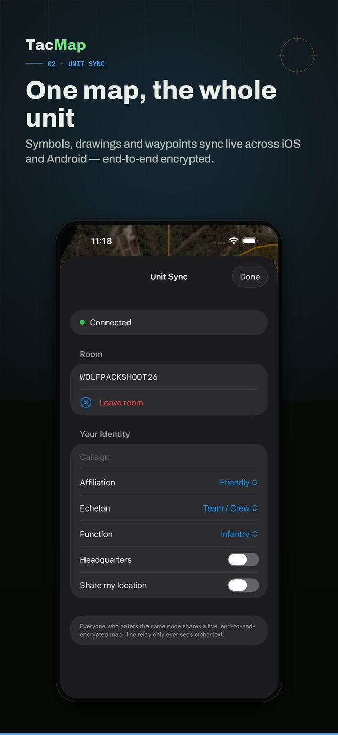 One map, the whole unit. Symbols, drawings and waypoints sync live across iOS and Android, end-to-end encrypted.