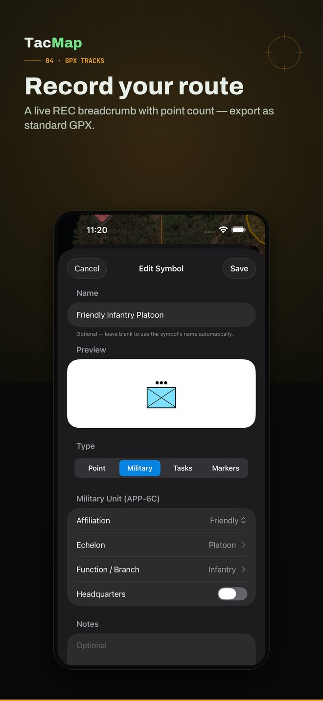 Record your route. A live REC breadcrumb with point count, exported as standard GPX.