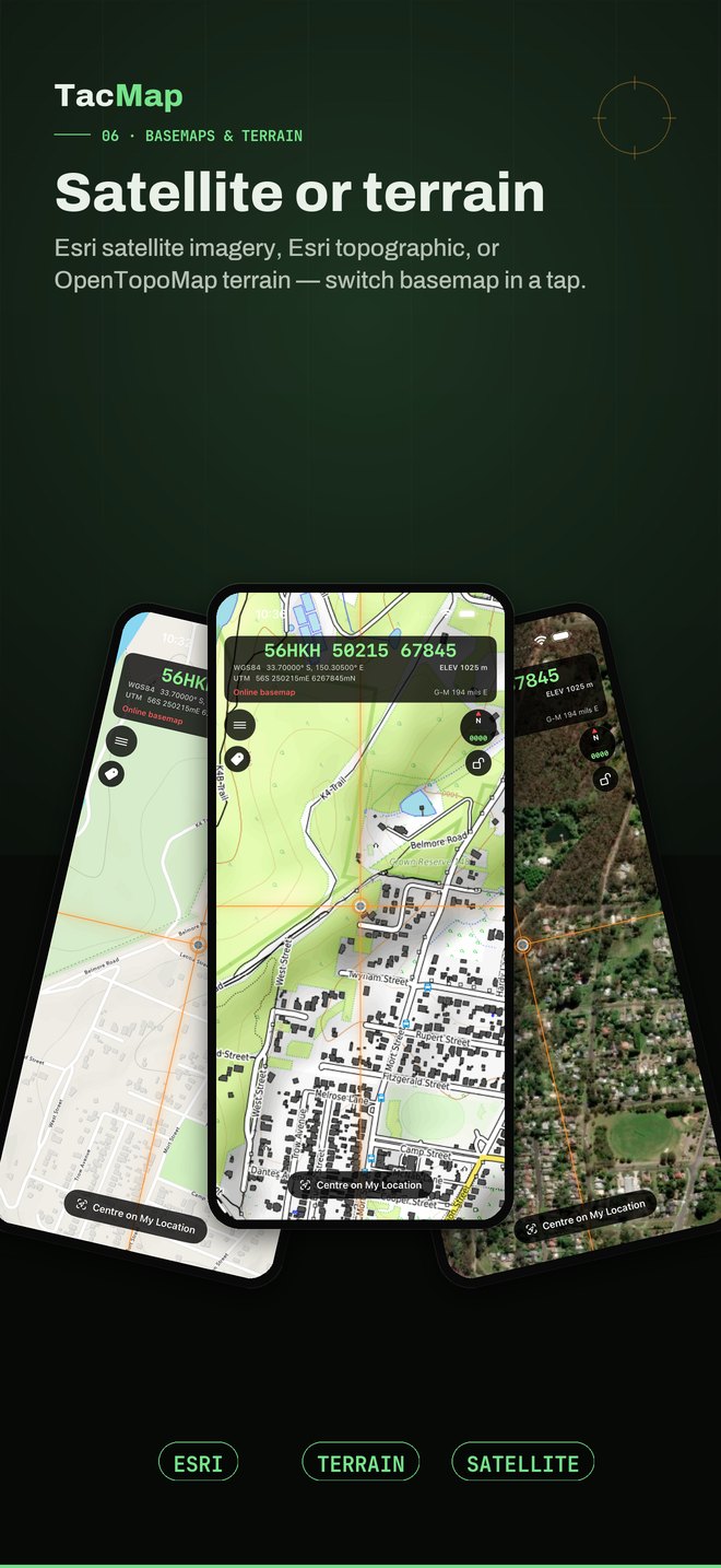 Satellite or terrain. Native satellite, Esri high-res imagery, or OpenTopoMap topography, switched in a tap.