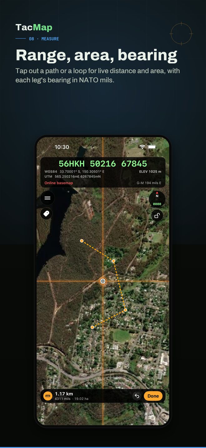 Range, area and bearing measurement on iOS, with a plotted path and NATO-mils readout.