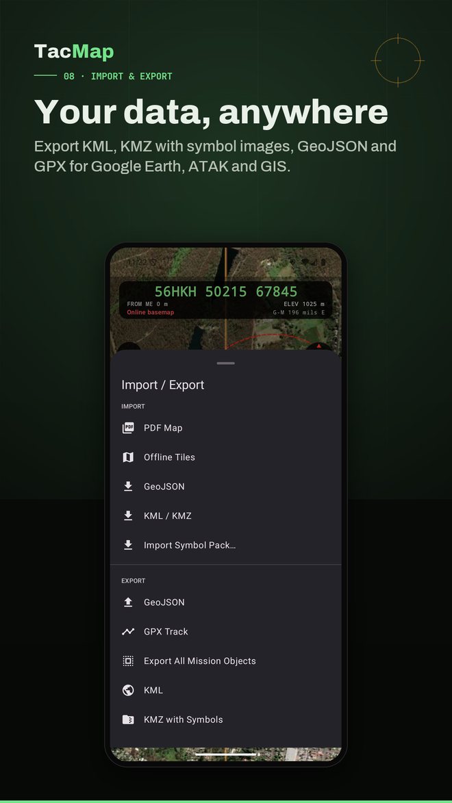 Your data, anywhere. Export KML, KMZ with symbol images, GeoJSON and GPX.